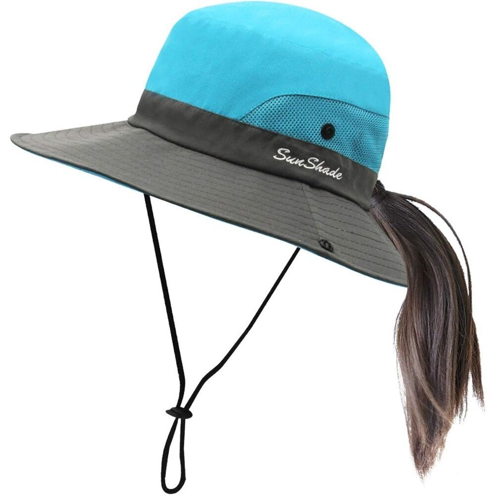 Womens Blue & Grey Wide Brim Mesh Vent Boonie With Chin Strap Classic Cowboy Hat